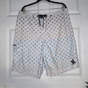 Hurley Ombre Logo Blue White Black Unlined Swim Board Shorts Size 38 XL